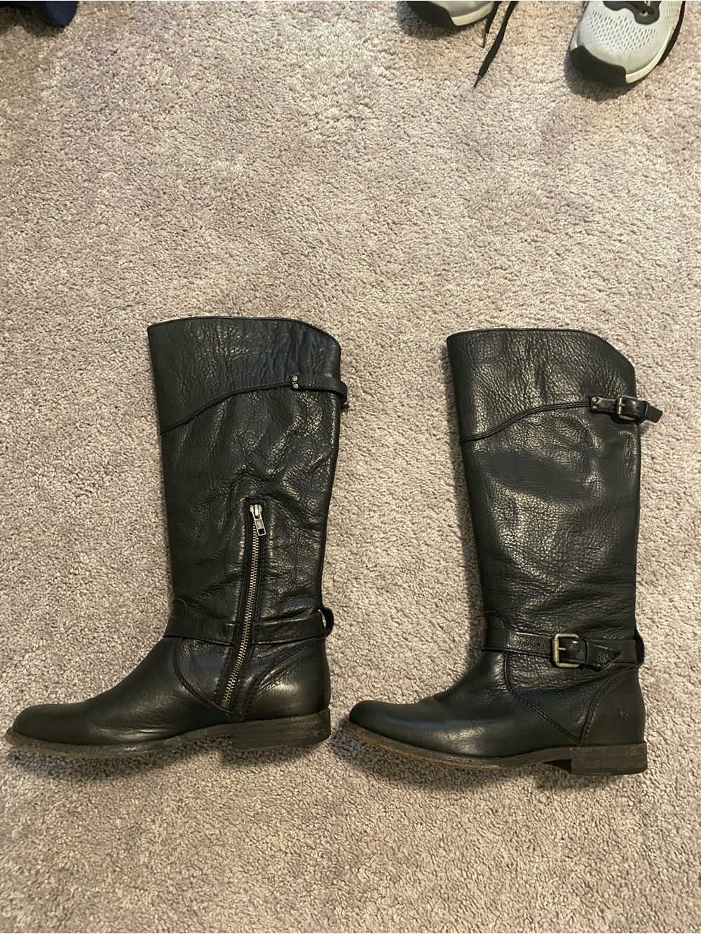 Frye Harness Tall Knee High Black Leather Riding Boots Extended Calf Zip Buckle